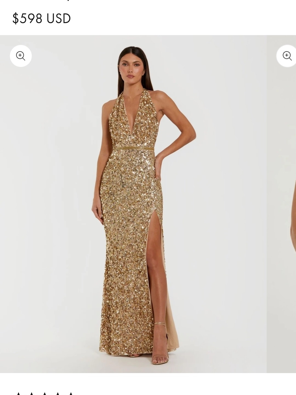 Mac Duggal Gold Sequin Halter Gown with Side Slit